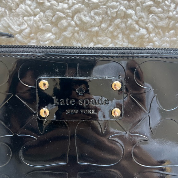 Kate Spade Black Patent Embossed Zip Clutch | Glossy Logo Pouch - 10in x 7.5in - Picture 3 of 5